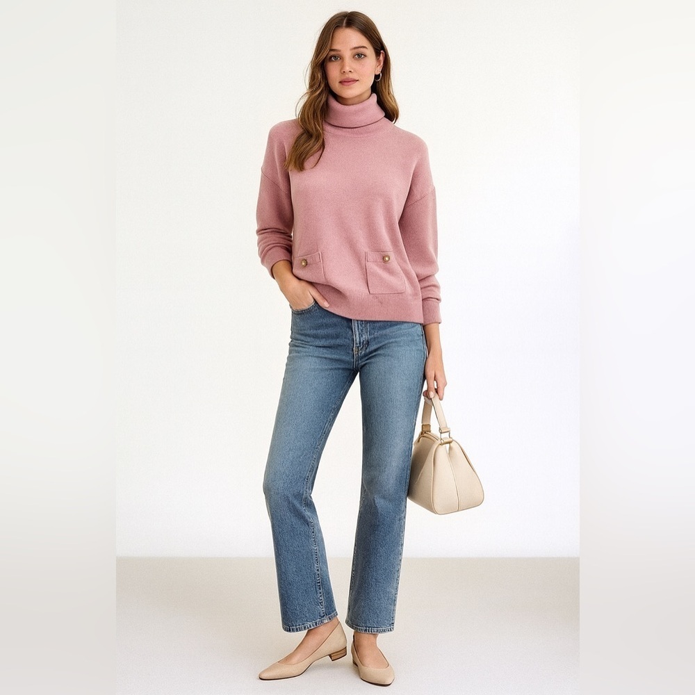Kate Spade wool blend pale pink turtleneck sweater w/ front pockets. Medium